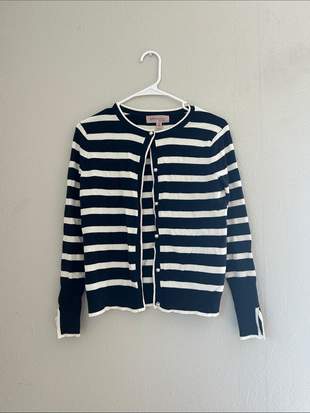 Philosophy Navy and White Striped pearl Button-Front Cardigan